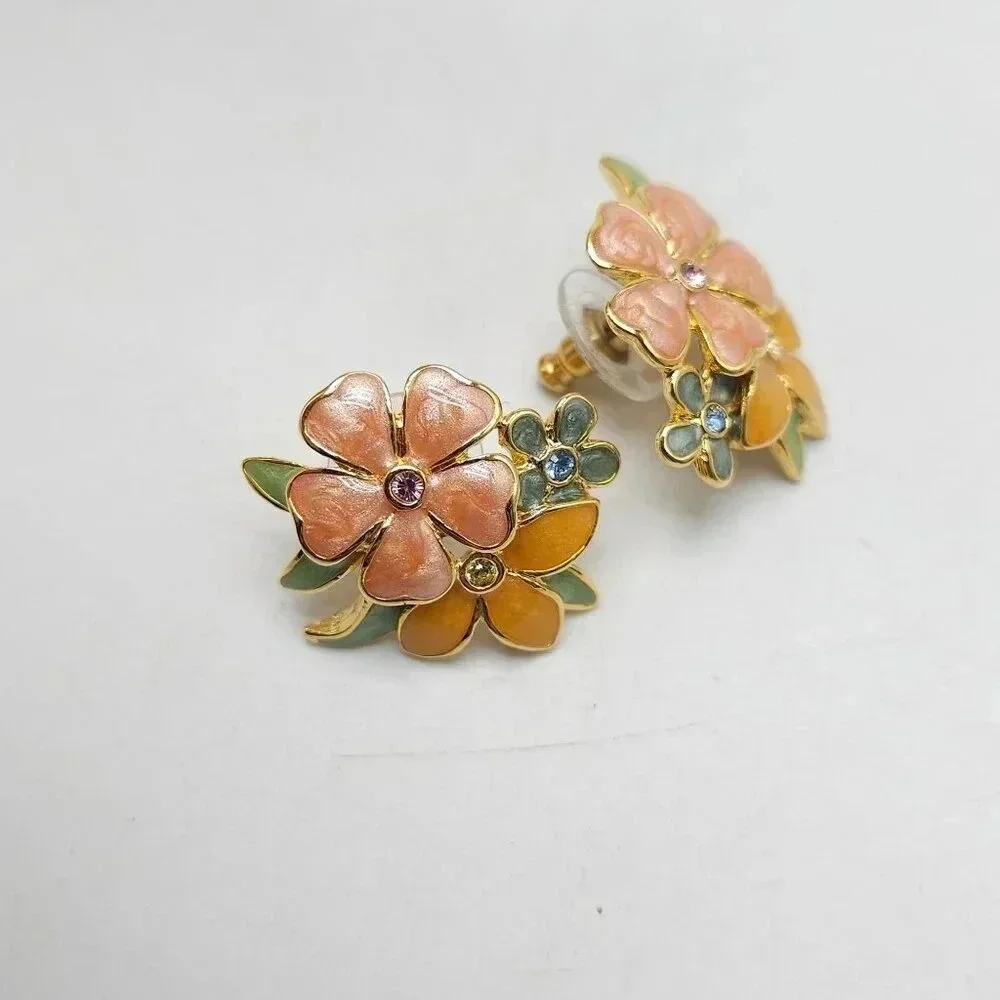 Joan Enamel Flower Post Earrings Multicolor Petals Rhinestones SPRING FLING
